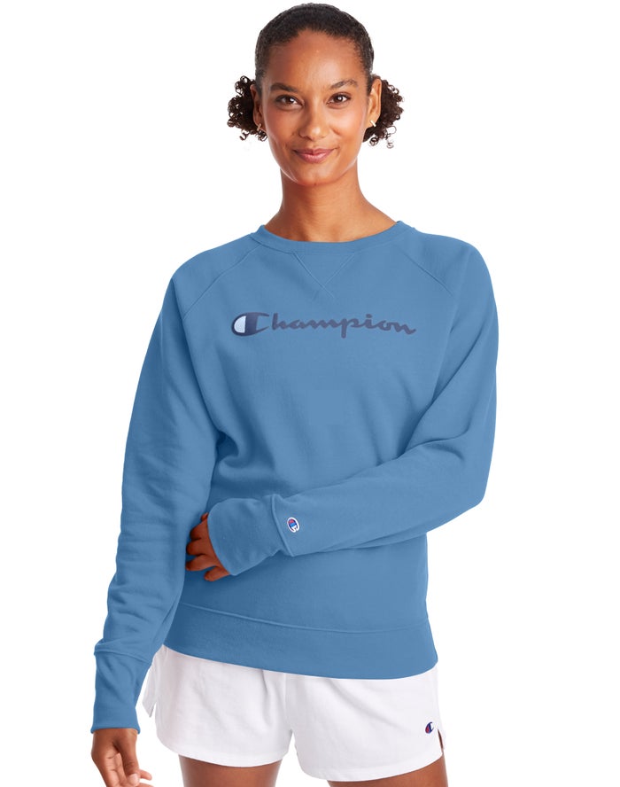 Champion Powerblend Fleece Classic Crew Script Logo - Naisten Sininen Collegepaita - Suomi 4187295-T